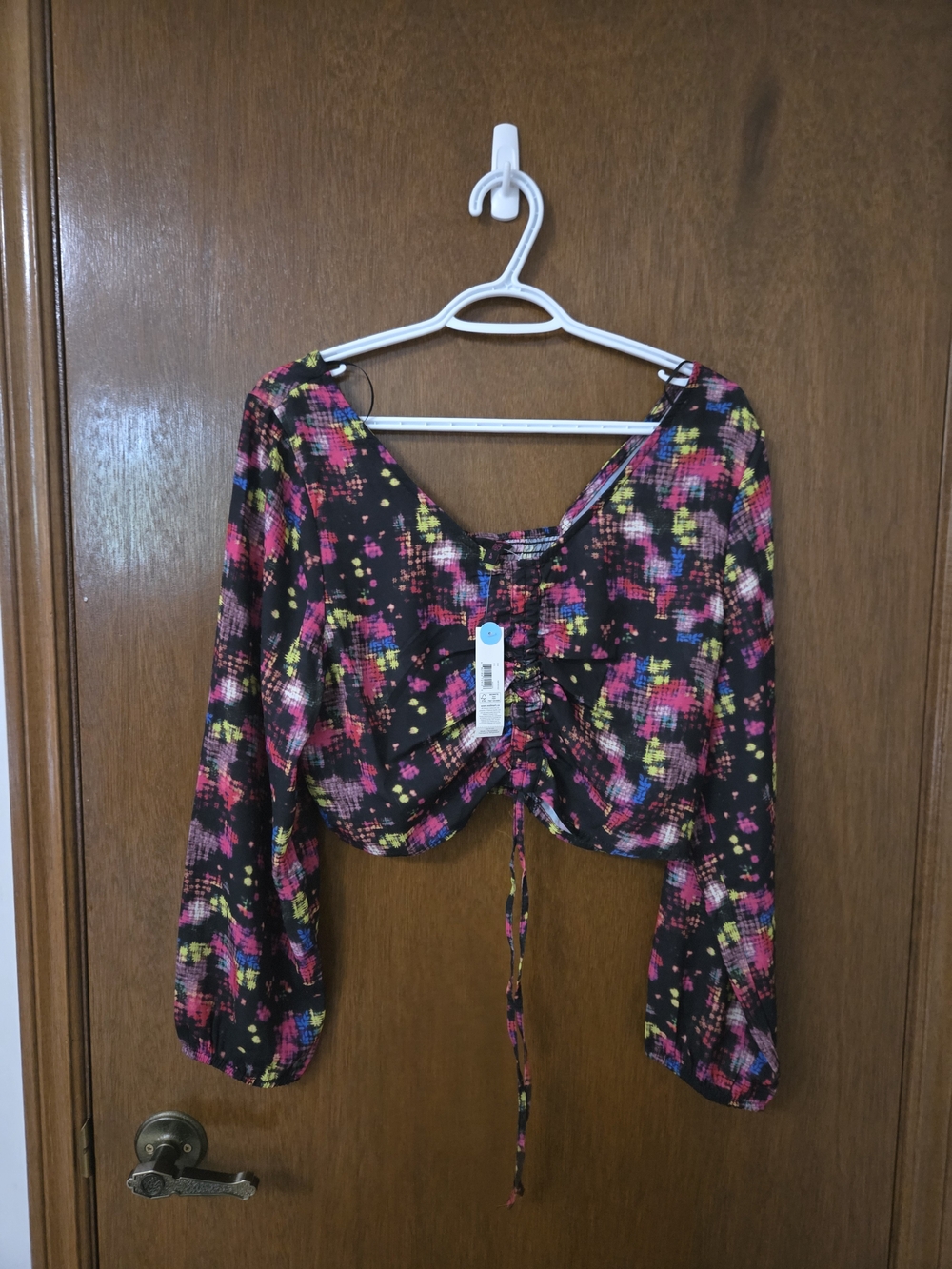 No Boundaries Black Ruched Drawstring Crop Top with Pink Yellow Blue Print